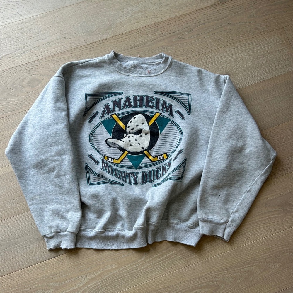 Vintage 1993 Anaheim Mighty Ducks Sweatshirt Hanes Distressed Gray NHL Hockey L